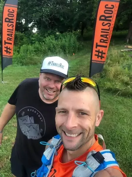 Eric Eagan, race director for the Virtual COVID-19 Miler, left, and Scott Parr, who had the idea for the virtual race. - PHOTO PROVIDED