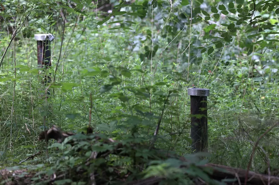 Testing wells protrude from the ground throughout the Vacuum Oil brownfield sites. - PHOTO BY MAX SCHULTE