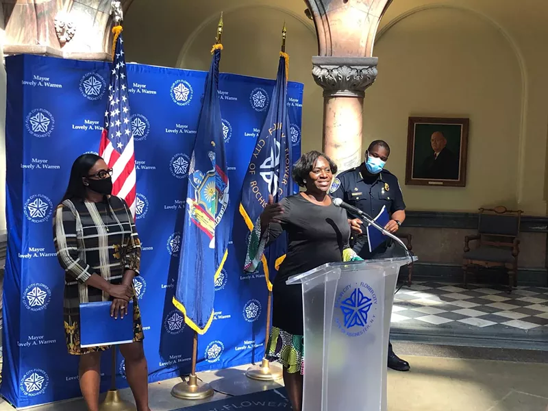 The Rev. Myra Brown of Spiritus Christi Church speaks alongside Mayor Lovely Warren and Chief La'Ron Singletary during a news conference on Sunday, Sept. 6, 2020. - PHOTO BY RANDY GORBMAN, WXXI NEWS