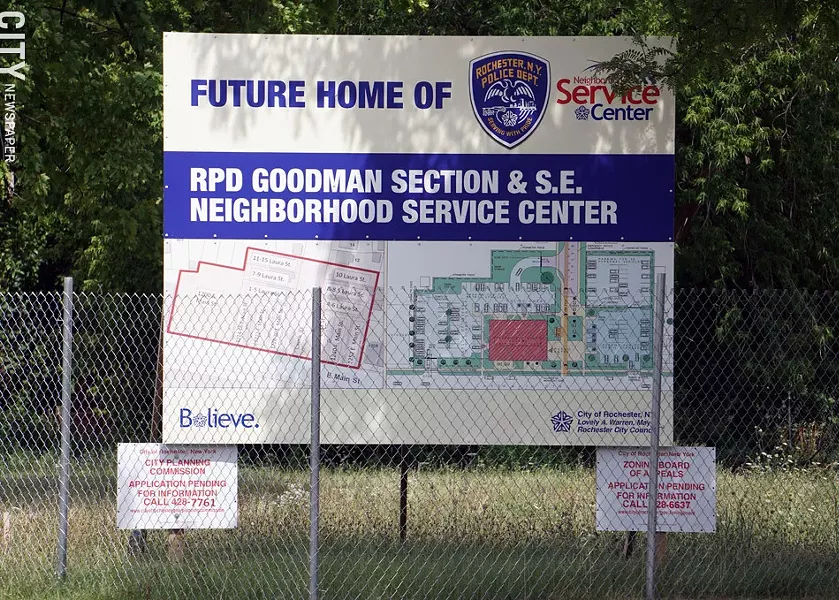 A sign marking what was to be the future location of a new police station on East Main Street. - PHOTO BY GINO FANELLI