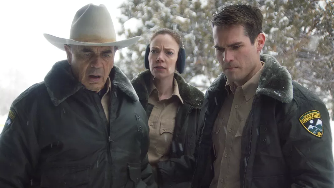 (Left to right) Robert Forster, Riki Lindhome, and Jim Cummings in “The Wolf of Snow Hollow.” - PHOTO COURTESY OF ORION PICTURES