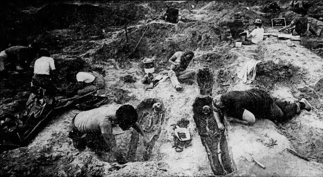 In this Democrat & Chronicle file photo found on Newspapers.com, Rochester Museum & Science Center archaeologists work to remove remains in Highland Park in 1984. - NEWSPAPERS.COM