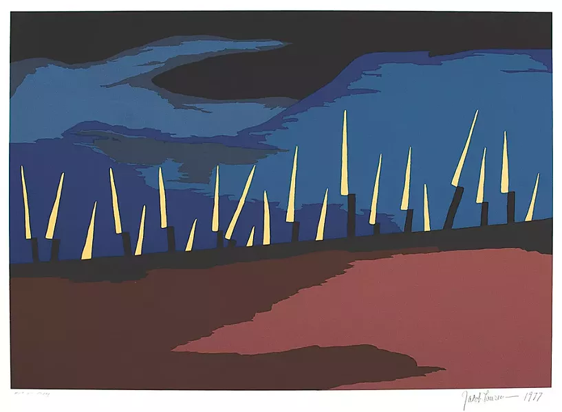 A print by Jacob Lawrence, titled "Sunday, October 16, 1859, John Brown with a company of 21 men, white and black, marched on Harpers Ferry." The work is part of a set illustrating the life of abolitionist John Brown, currently on view at Memorial Art Gallery. - PHOTO PROVIDED