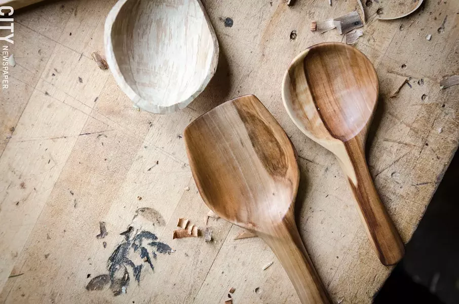 Dow creates utensils from scavenged wood. - PHOTO BY MARK CHAMBERLIN