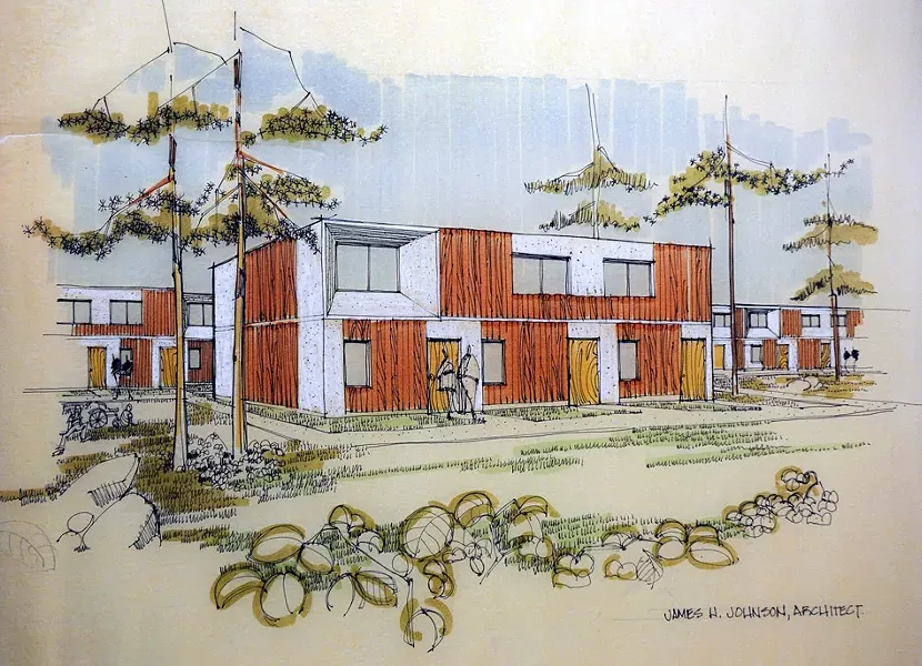 Johnson’s architectural rendering of system-cast concrete residences designed for the Baptist Home in Fairport. - PHOTO BY IRA SROLE