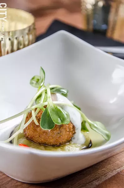 A Chef Cipolla creation for his tasting - menu at The Kitchen in Pittsford. - PHOTO BY MARK CHAMBERLIN