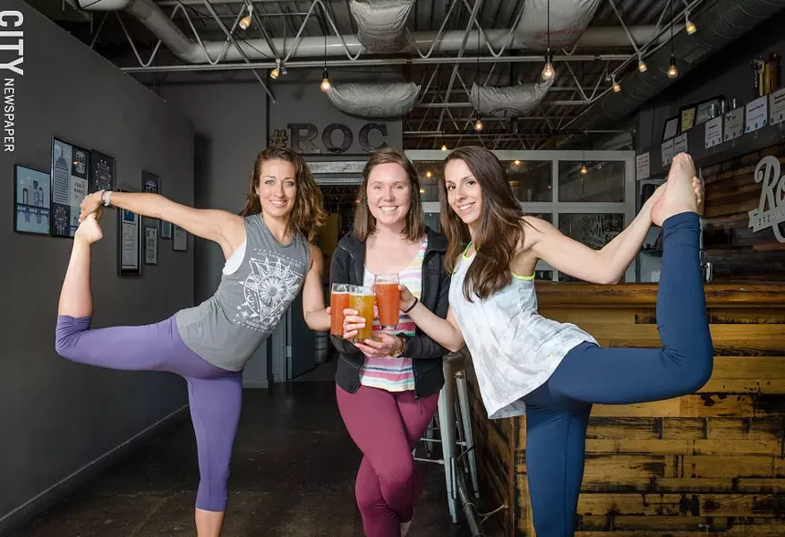 (From left to right) Stephanie Betzwieser, Carolyn Stiles of Rochester Beer Gals, and Hannah Zimmerman host an occasional "Ales and Ohms" class at Roc Brewing, and hope to spread to other breweries this summer. - PHOTO BY MARK CHAMBERLIN