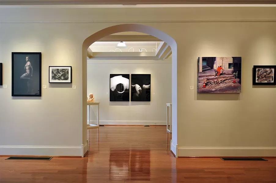 An installation view of "The Human Figure" at Main Street Arts. Left to right: a photo by Steven Romeo, a drawing by Danielle Bersch, two photos by Susan D'Amato, a painting by Robert Samartino, and a mixed-media work by Tina Ybarra. - PHOTO PROVIDED