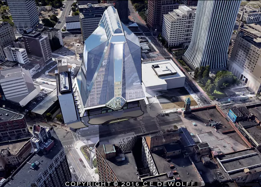 A local partnership proposes a minimum 14-story glass-and-steel structure for Midtown, with condos, restaurant, performing arts center, hotel, and other amenities. - PROVIDED ART