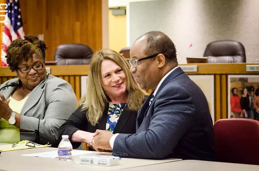 Rochester school board Vice President Cynthia Elliott (far left), Superintendent Barbara Deane-Williams, and school board President Van White - PHOTO BY MARK CHAMBERLIN