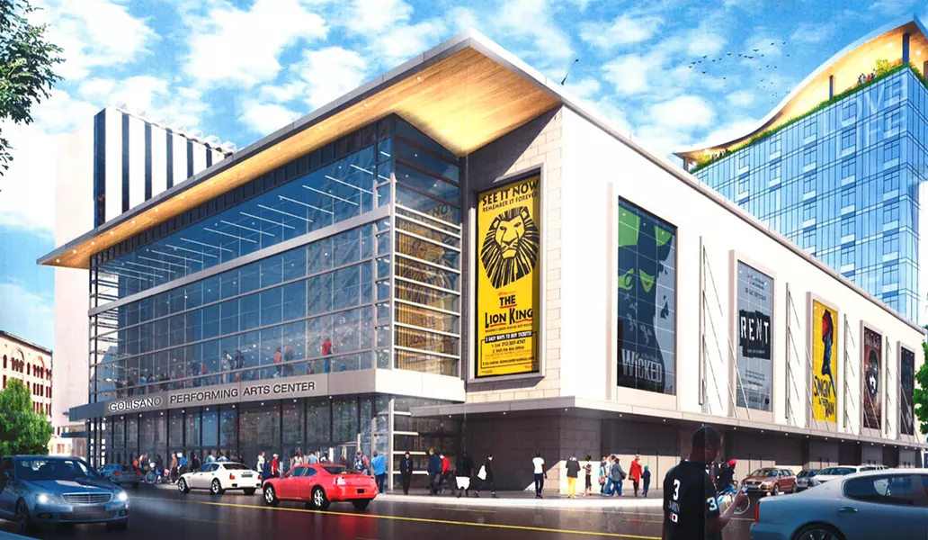 LaBella Associates' conceptual drawing for a theater for the Rochester Broadway Theatre League with apartments above the rear portion of the theater. The front of the theater will be along East Main Street. - PHOTO PROVIDED