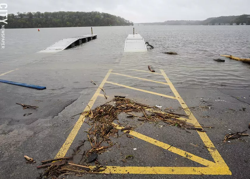 The Irondequoit Bay Marine Park's boat launch has been submerged in the rising water. - PHOTO BY JEREMY MOULE