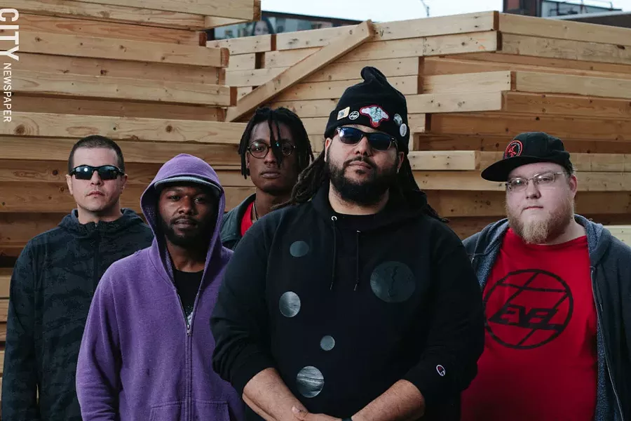 The Level 7 Experience is (from left to right) drummer Aaron Hughes, bassist Dexter Redic, keyboard player Ekwem Bogmis, vocalist Grant "Skribe Da God" Atkins, and beatmaker Adam "DJ 2way" Ackerman. - PHOTO BY KEVIN FULLER