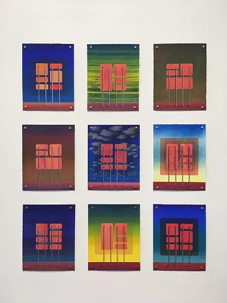 Nick Ruth's adds depth to his flat, colorful prints of billboards and signs with painterly strokes of colored pencil. - PHOTO BY REBECCA RAFFERTY