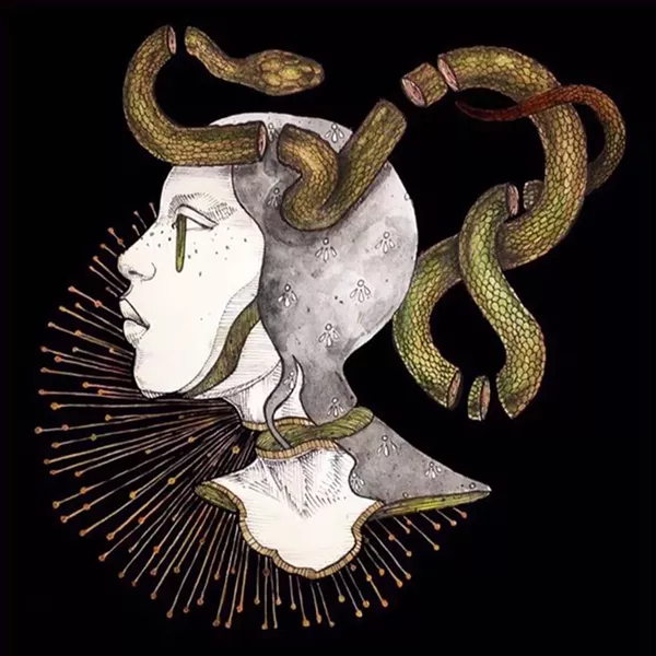 Hill uses some combination of pen and ink, watercolors, and acrylic paint to create her portraits of women adorned with bits of natural ephemera. - COURTESY SHAWNEE HILL
