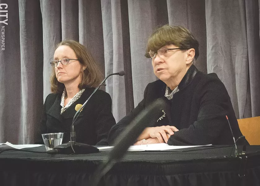 Attorney Mary Jo White (right), who led the investigation into sexual misconduct charges at the University of Rochester, at last week's press conference on the investigation's findings. - PHOTO BY RYAN WILLIAMSON
