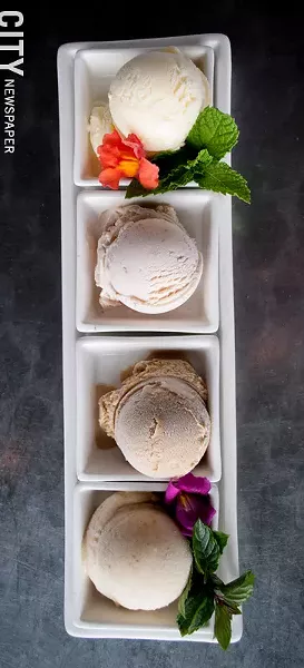 A flight of house-made sorbets (flights are not on the menu, but a rotation of sorbets are offered individually). - PHOTO BY REBECCA RAFFERTY
