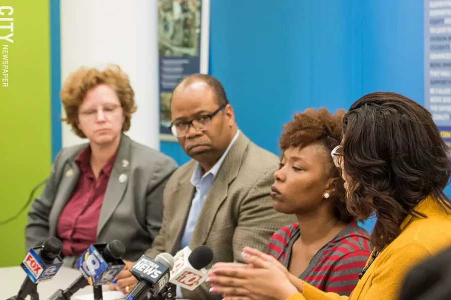 School board members (from left) Willa Powell, Van White, Natalie Sheppard, and Beatriz LeBron had different responses to Jaime Aquino’s report on the district. - PHOTO BY JACOB WALSH