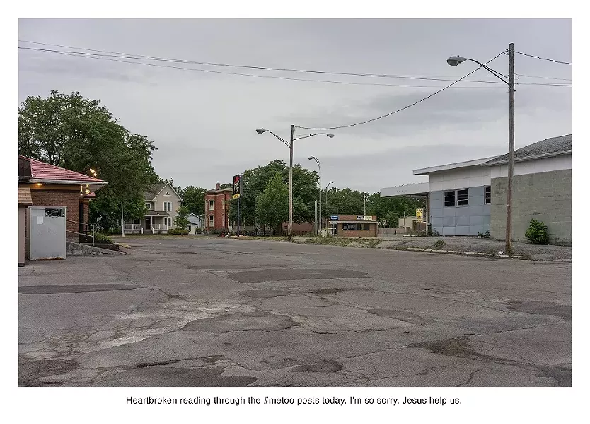 Sharing a hashtag with many #MeToo testimonials, a tweet expresses empathy for the masses impacted by assault and harassment. Presumably scrolling through social media while at this location, the person who posted this was struck by the scope of the problem. - PHOTO COURTESY LARSON SHINDELMAN