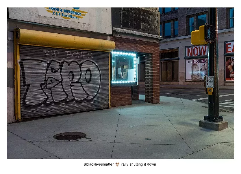 Two years after this tweet was posted, Larson Shindelman photographed the location where the Twitter user stood — the eerily clear streetscape a far cry from the activity of the rally. - PHOTO COURTESY LARSON SHINDELMAN