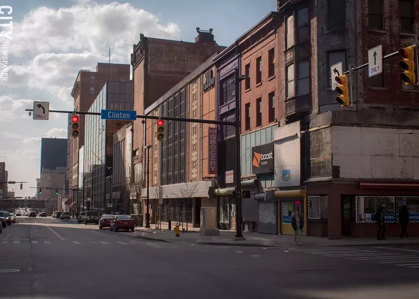 On the list of “planned” projects: renovation of the string of deteriorated buildings on Main Street at Clinton Avenue. - PHOTO BY RYAN WILLIAMSON