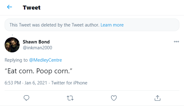This screenshot of an Twitter exchange between @inkman2000 and @MedleyCentre appears to be any tweep's interaction with @MedleyCentre.