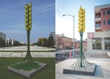 LEFT: PROVIDED DIGITAL SKETCH; RIGHT: PHOTO BY REBECCA RAFFERTY - Kevin Dartt's "Roc City Wheat" won a public art commission from Home Leasing LLC for its Charlotte Square property in the East End. The light-up sculpture was installed on December 2.