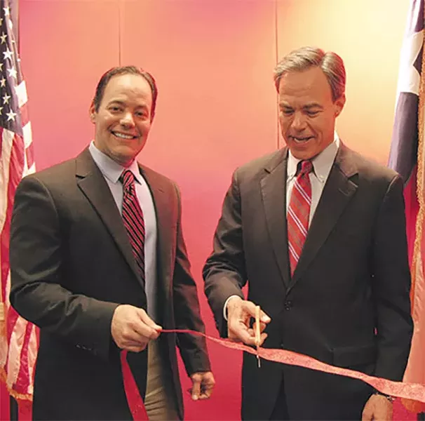 Bexar County GOP chairman Robert Stovall with state Rep. Joe Straus at the grand opening of the Bexar County GOP headquarters last week - CALLIE ENLOW
