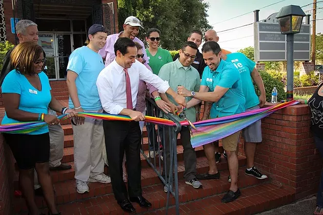 Former Mayor Julián Castro, Councilman Diego Bernal and Pride Center board chair Richard Farias joined Equality Texas field organizer Robert Salcido and others to cut the ribbon at the New PRIDE Center office in June. - FILE PHOTO