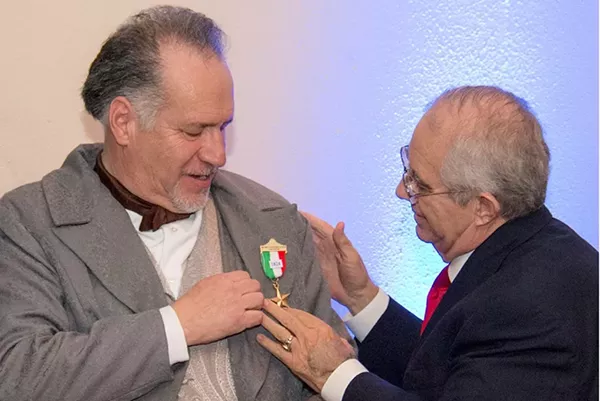 Joe Arciniega receives a medal from the Son's of the Republic of Texas after he gave a historical dramatization of his great-great-great-great grandfather Jose Miguel de Arciniega, who was twice mayor of San Antonio and helped found Bastrop. - JOE ARCINIEGA