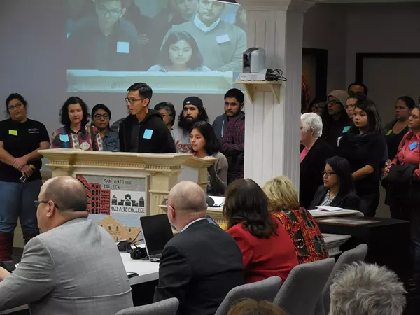 During a March Board of Trustees meeting, members of the Alamo Colleges Student Leadership Coalition called on Chancellor Bruce Leslie to resign. - ALAMO COLLEGES STUDENT LEADERSHIP COALITION