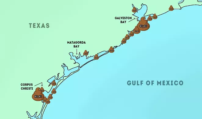 Map represents "medium" and "high" levels of bacteria along the coast. - SOURCE: GENERAL LAND OFFICE, ART BY SARAH FLOOD-BAUMANN