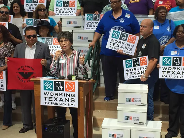 AFL-CIO's Linda Chavez Thompson fires up the crowd in front of City Hall after Working Texans for Paid Sick Time delivered its signed petitions to city officials. - SANFORD NOWLIN