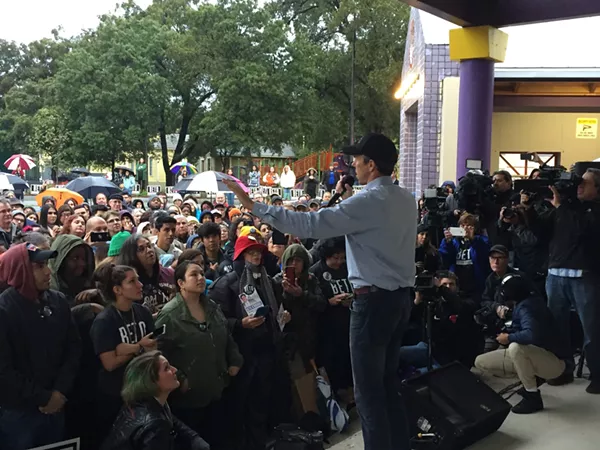 Beto O'Rourke speaks to the crowd at Plaza Guadalupe Monday night. - SANFORD NOWLIN