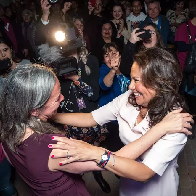 Veronica Escobar gets a hug after winning her race for the U.S. House. - VIA VERONICA ESCOBAR'S FACEBOOK