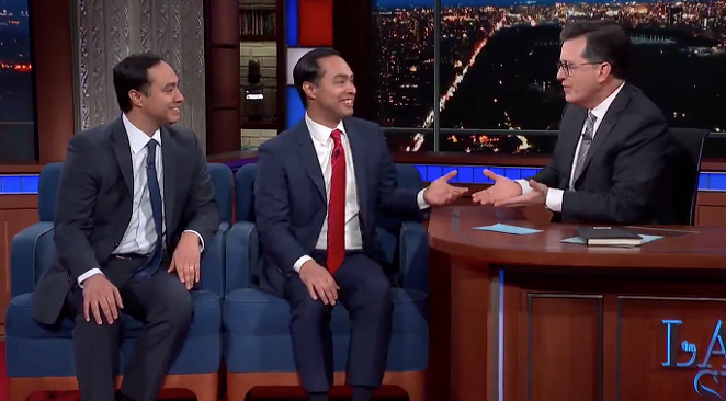 Los Hermanos Castro during their recent appearance with Stephen Colbert. - TWITTER / COLBERTLATESHOW