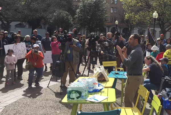 U.S. Rep. Joaquin Castro speaks to protesters in Travis Park. - SANFORD NOWIN