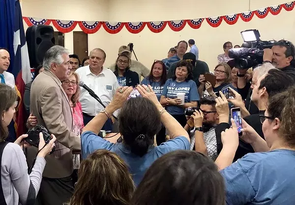 Newly elected District 125 Texas Rep. Ray Lopez addresses supporters at his campaign headquarters. - TWITTER / MENENDEZ4TEXAS