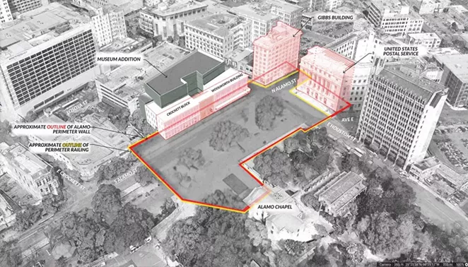 San Antonio Conservation Society’s Alamo museum massing study as shown from an aerial perspective looking northwest. - SAN ANTONIO CONSERVATION SOCIETY / ALAMO ARCHITECTS