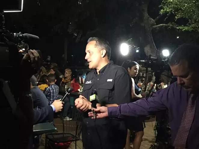 Mayoral candidate Greg Brockhouse speaks to the media at his election night watch party. - SANFORD NOWLIN