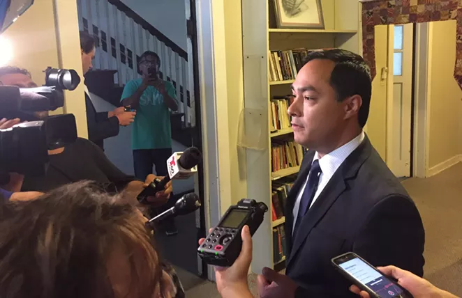 U.S. Rep. Joaquin Castro speaks to the press in San Antonio on Tuesday. - SANFORD NOWLIN