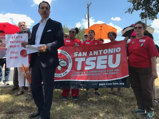 State Sen. Jose Menendez speaks at the Texas State Employees Union rally in San Antonio. - SOL WEINER