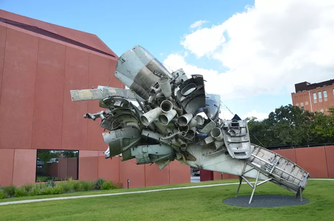 Nancy Rubins’ 5,000 lbs. of Sonny’s Airplane Parts, Linda’s Place, and 550 lbs. of Tire-Wire dominates Ruby City’s sculpture garden. - BRYAN RINDFUSS