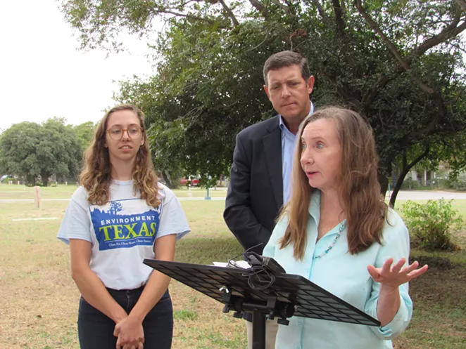 Annalisa Peace of the Greater Edwards Aquifer Alliance speaks as Anna Farrell-Sherman (left) of Environment Texas and Joseph Fitzsimons, founder of the Texas Coalition for State Parks, look on. - RHYMA CASTILLO