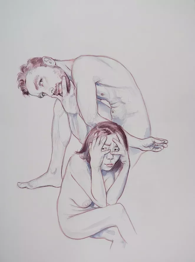 Fontenot’s 2017 drawing Ben with KanKan Hiding Her Eyes shows his unique approach to capturing nudes. - HEYD FONTENOT