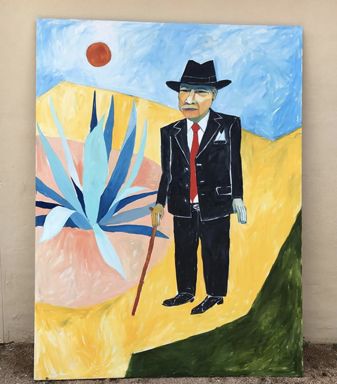 Tomás Ybarra-Frausto in an Aztlán dream, oil on canvas tarpaulin 2018, Cruz Ortiz - INSTAGRAM / CRUZORTIZART