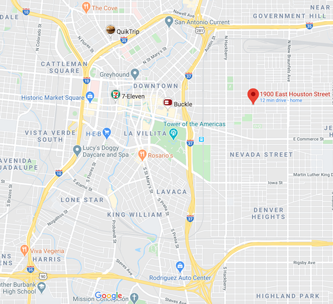 I-35 and I-10 from U.S. 281 to U.S. 90, downtown. The point marks the spot Tito Bradshaw was supposedly hit by a car while bicycling home on April 1, 2019. - GOOGLE MAPS