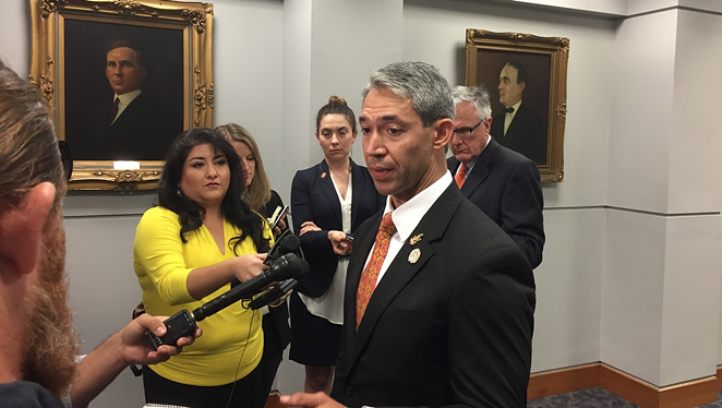 Mayor Ron Nirenberg, pictured here at a 2018 press conference, says coronavirus evacuees at Lackland must be tested again before being released. - SANFORD NOWLIN