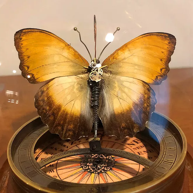 The 2020 Kate Wilhelm Solstice Award, created by Mike Libby of Insect Lab Studio, is comprised of a real butterfly merged with gears, springs and wire. - COURTESY PHOTO / JOHN PICACIO