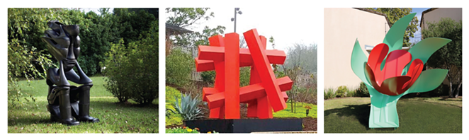 The three new outdoor sculptures added to the McNay collection are (left to right): The Sole Sitter by Willie Cole, Hashtag-Orange by Alejandro Martín and Standing Tulip by Tom Wesselmann. - COURTESY OF MCNAY ART MUSEUM